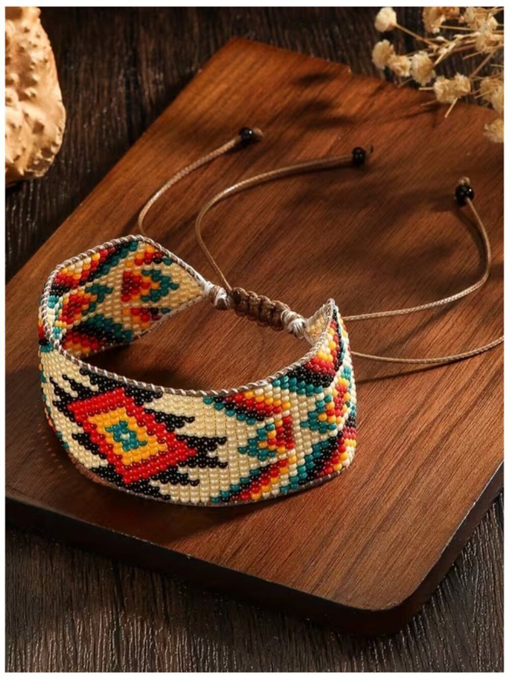 NWT Boho Glass Seed Bead Cuff Bracelet Southwestern Aztec Print Adjustable